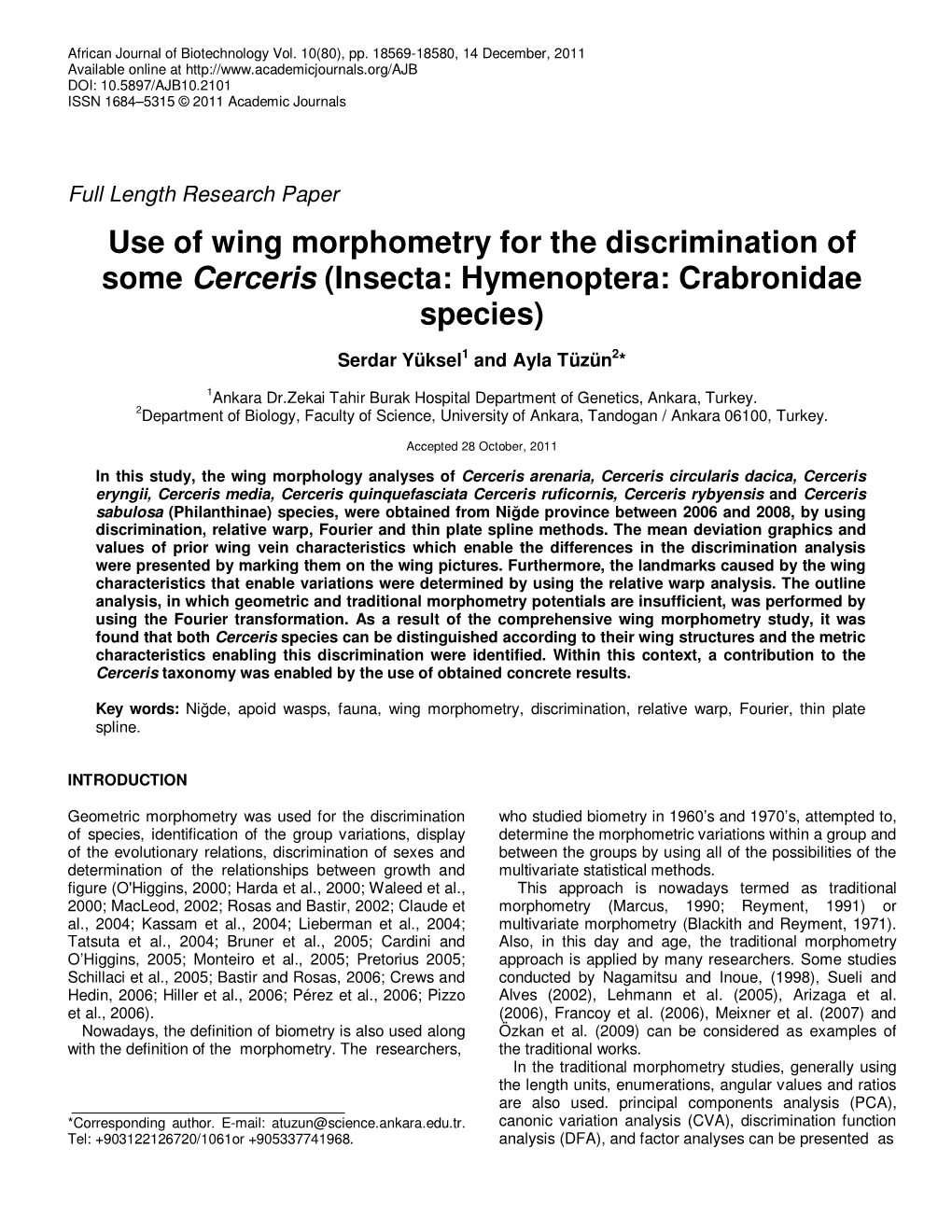 Use of Wing Morphometry for the Discrimination of Some Cerceris (Insecta: Hymenoptera: Crabronidae Species)