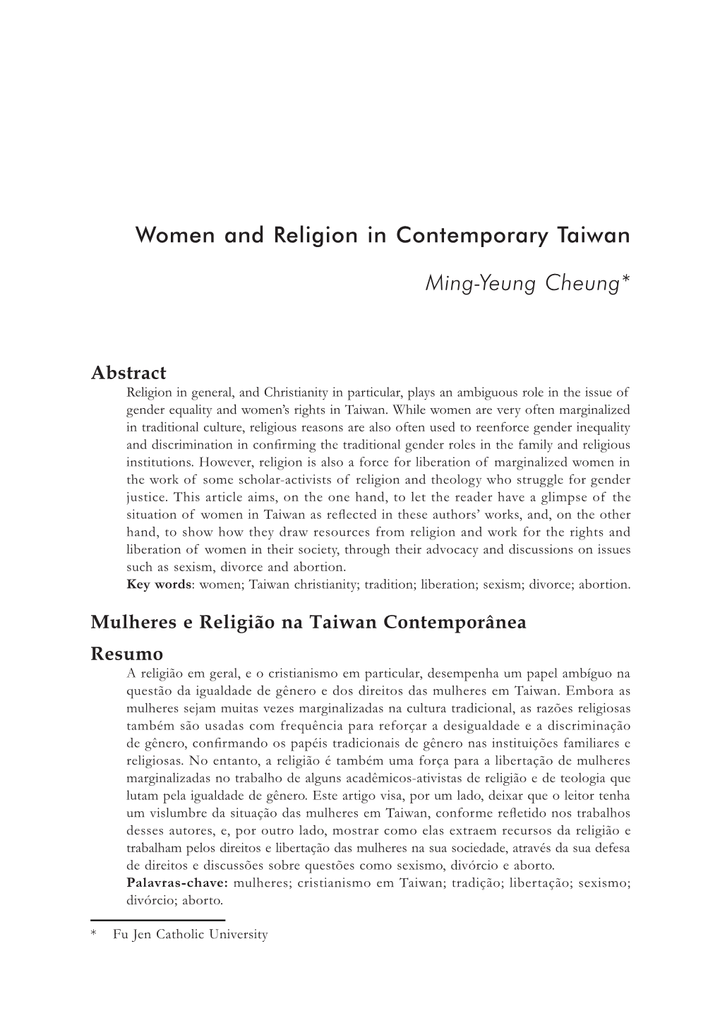 Women and Religion in Contemporary Taiwan Ming-Yeung Cheung*