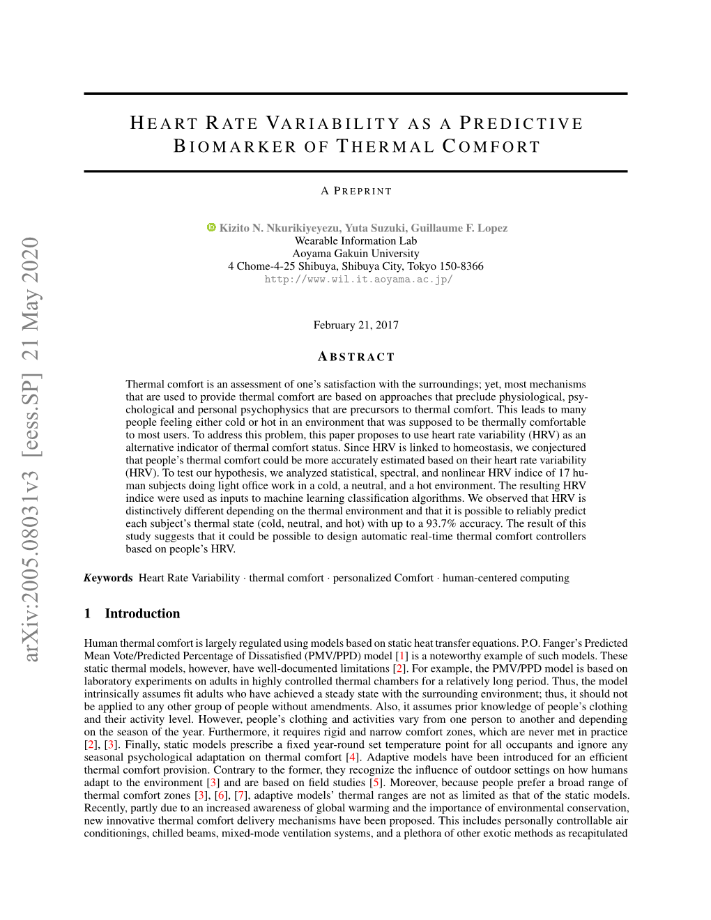 Heart Rate Variability As a Predictive Biomarker of Thermal Comfort AP REPRINT