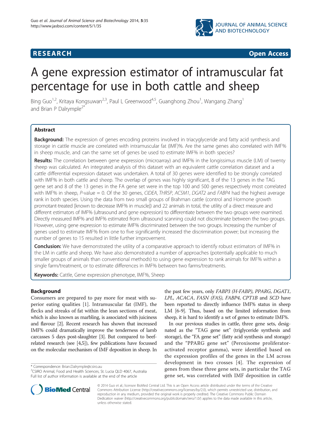 A Gene Expression Estimator of Intramuscular Fat Percentage for Use in Both Cattle and Sheep