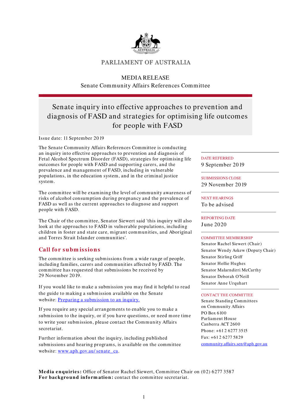 Senate Inquiry Into Effective Approaches to Prevention and Diagnosis of FASD and Strategies for Optimising Life Outcomes for People with FASD