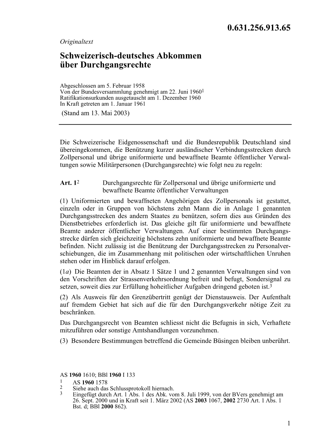 Schweizerisch-Deutsches Abkommen Über Durchgangsrechte