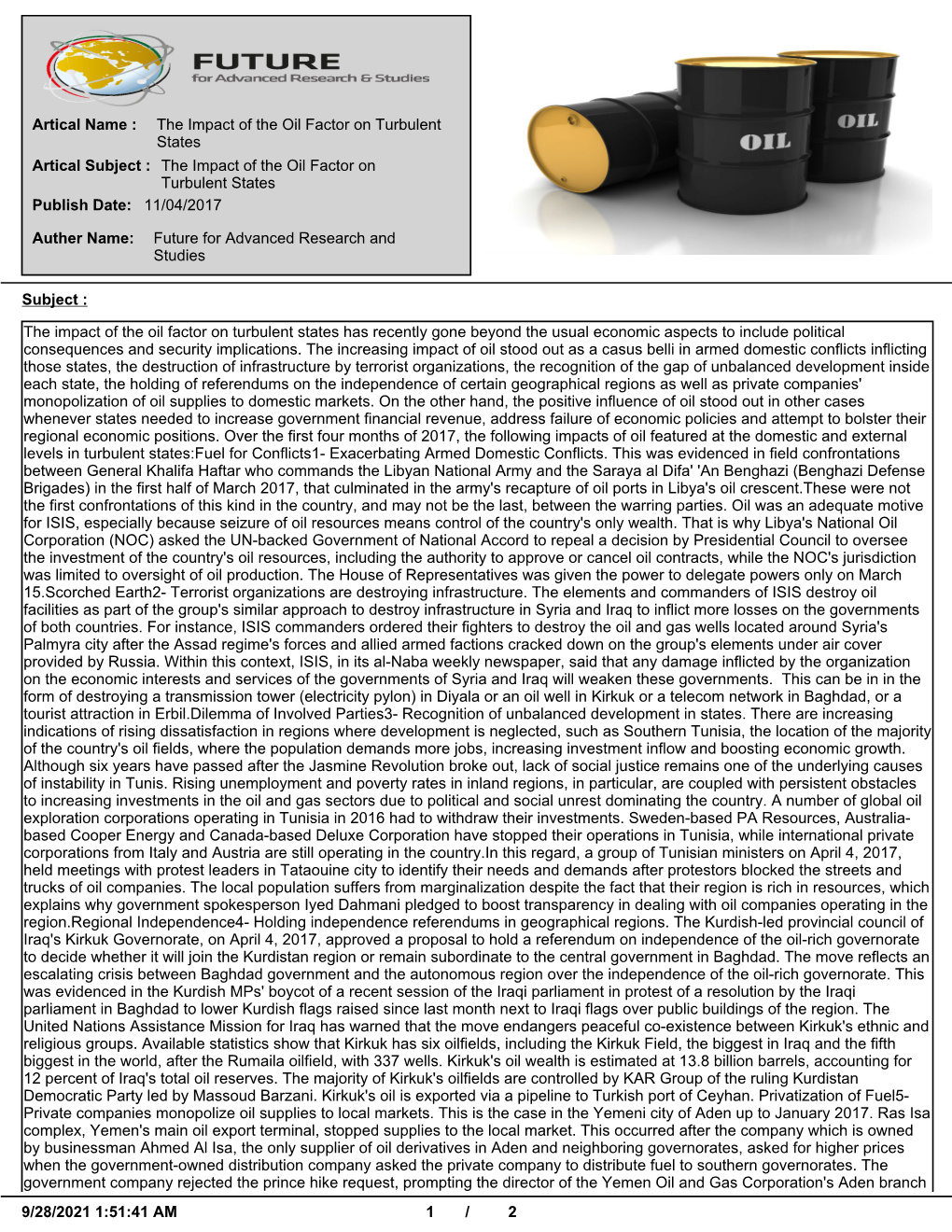 The Impact of the Oil Factor on Turbulent States Artical Subject : the Impact of the Oil Factor on Turbulent States Publish Date: 11/04/2017