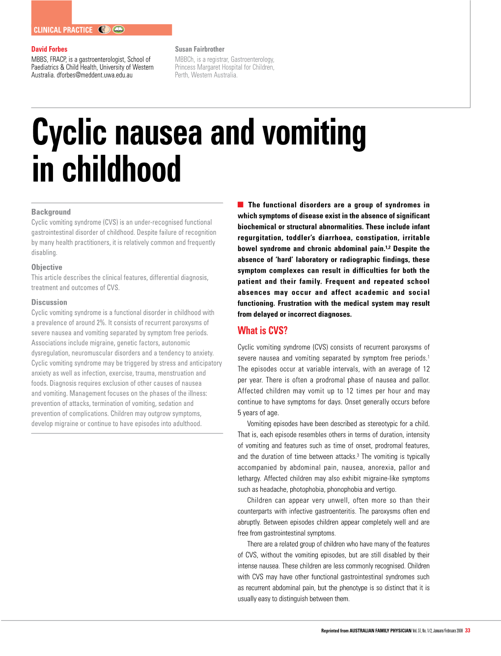 Cyclic Nausea and Vomiting in Childhood