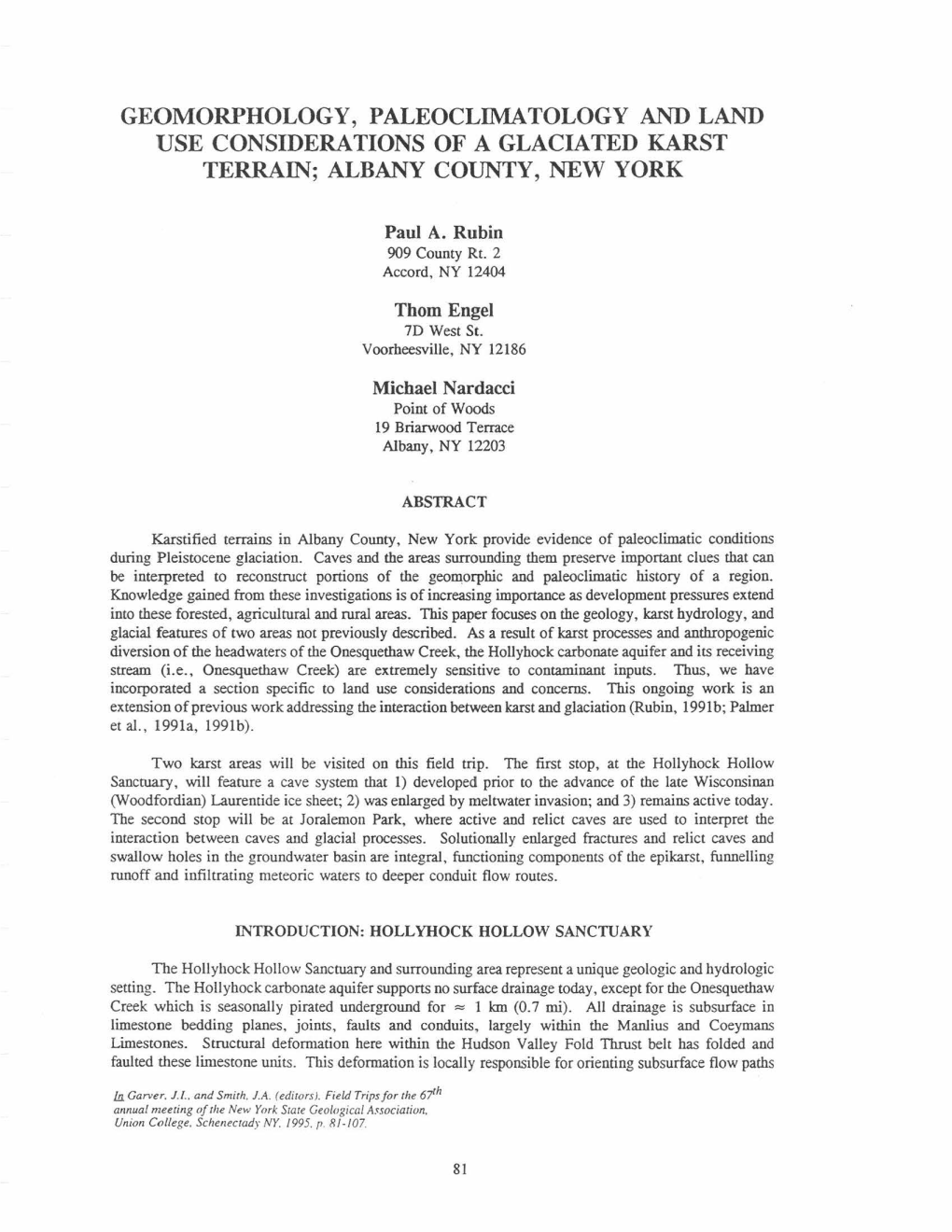 Geomorphology, Paleoclimatology and Land Use Considerations of a Glaciated Karst Terrain; Albany County, New York