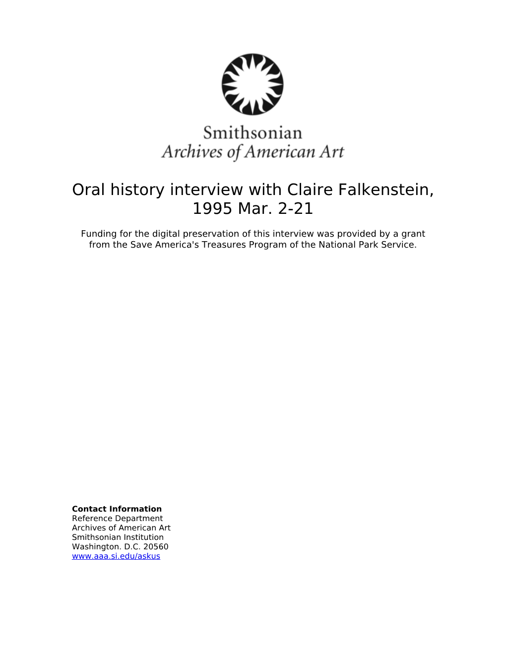 Oral History Interview with Claire Falkenstein, 1995 Mar. 2-21