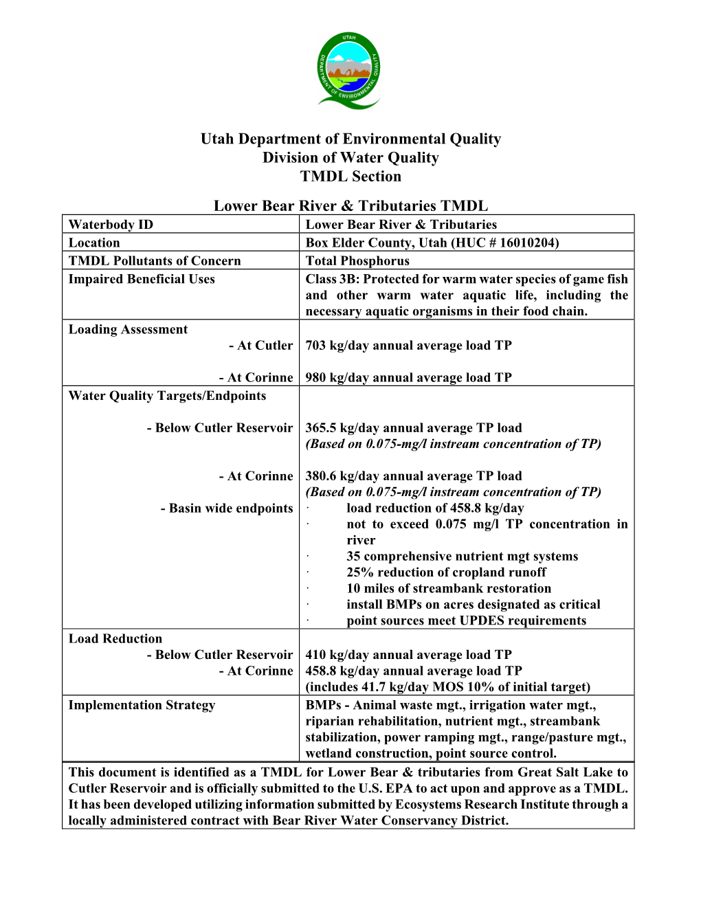 Utah Department of Environmental Quality Division of Water Quality TMDL Section