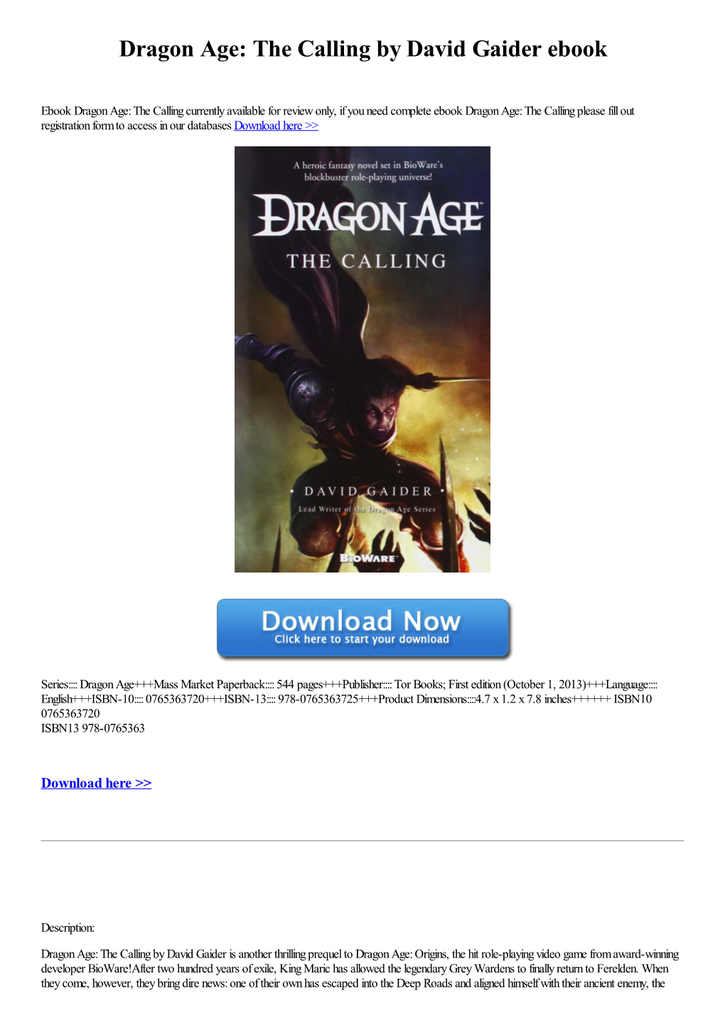 Download Ebook Dragon Age: the Calling by David Gaider