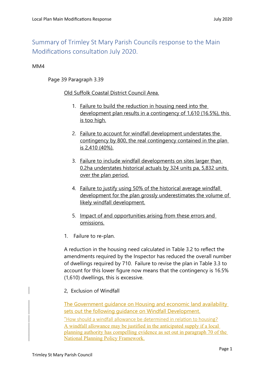 Summary of Trimley St Mary Parish Councils Response to the Main Modifications Consultation July 2020