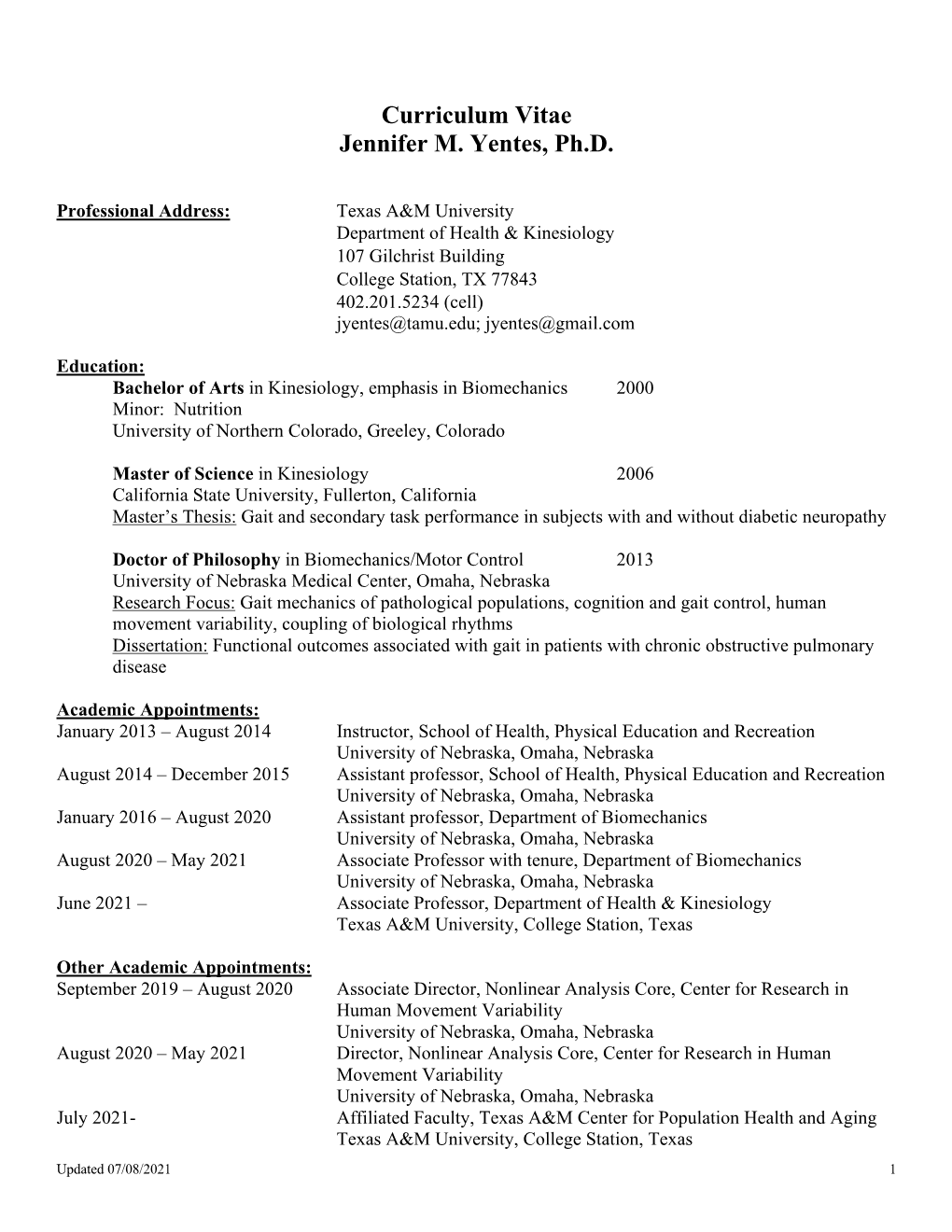 Curriculum Vitae Jennifer M. Yentes, Ph.D