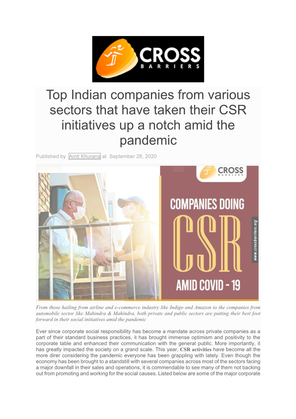 Top Indian Companies from Various Sectors That Have Taken Their CSR Initiatives up a Notch Amid the Pandemic