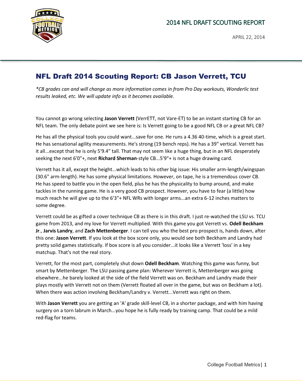 NFL Draft 2014 Scouting Report: CB Jason Verrett, TCU