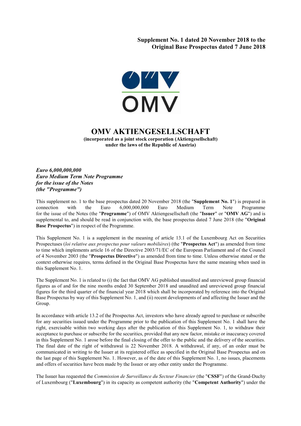 OMV AKTIENGESELLSCHAFT (Incorporated As a Joint Stock Corporation (Aktiengesellschaft) Under the Laws of the Republic of Austria)