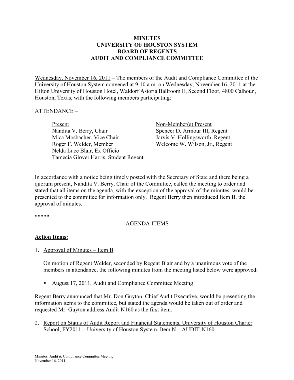 Minutes University of Houston System Board of Regents Audit and Compliance Committee