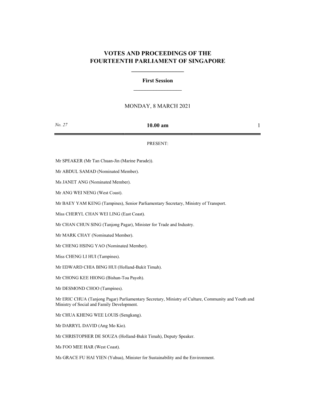 Votes and Proceedings of the Fourteenth Parliament of Singapore ______