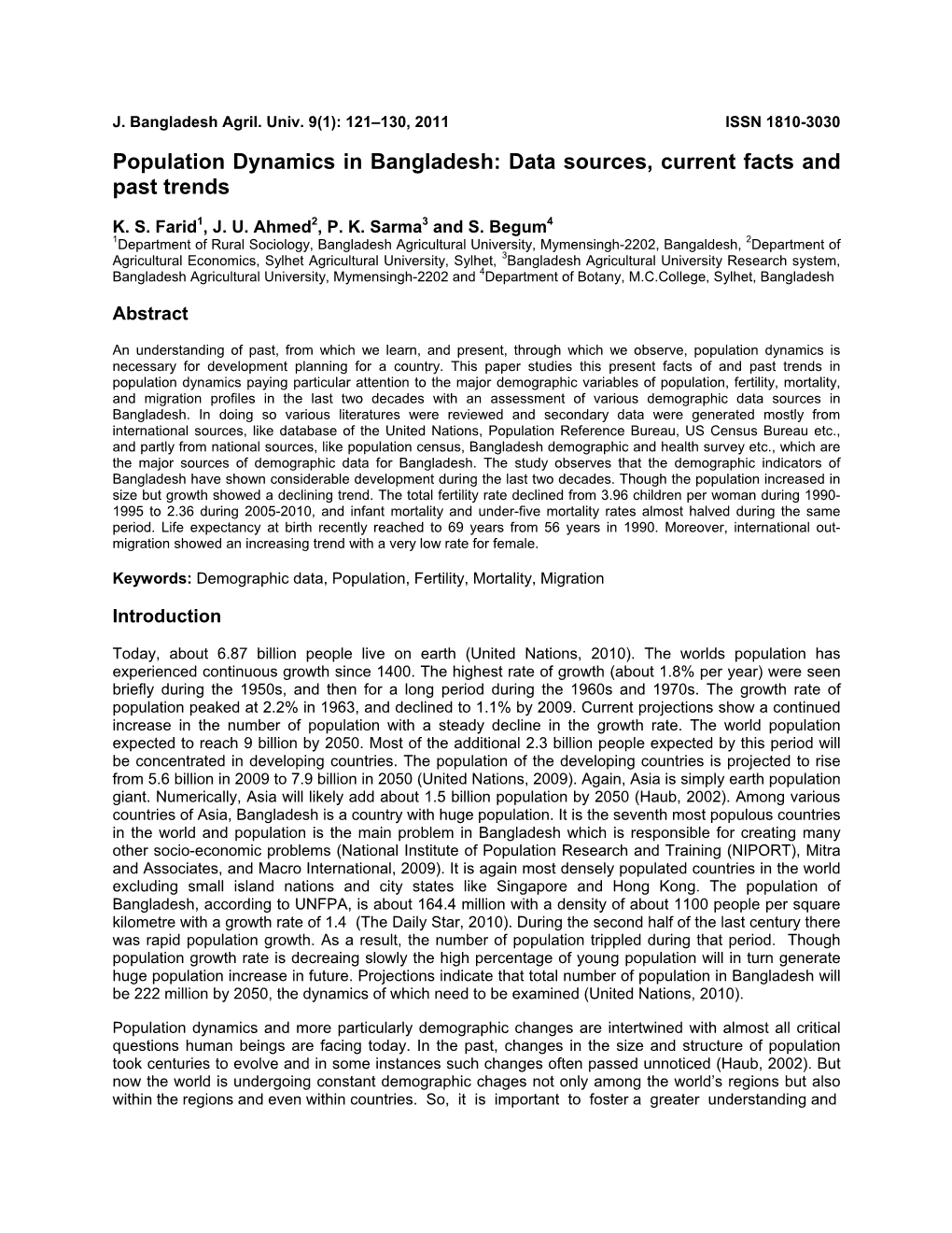 Population Dynamics in Bangladesh: Data Sources, Current Facts and Past Trends