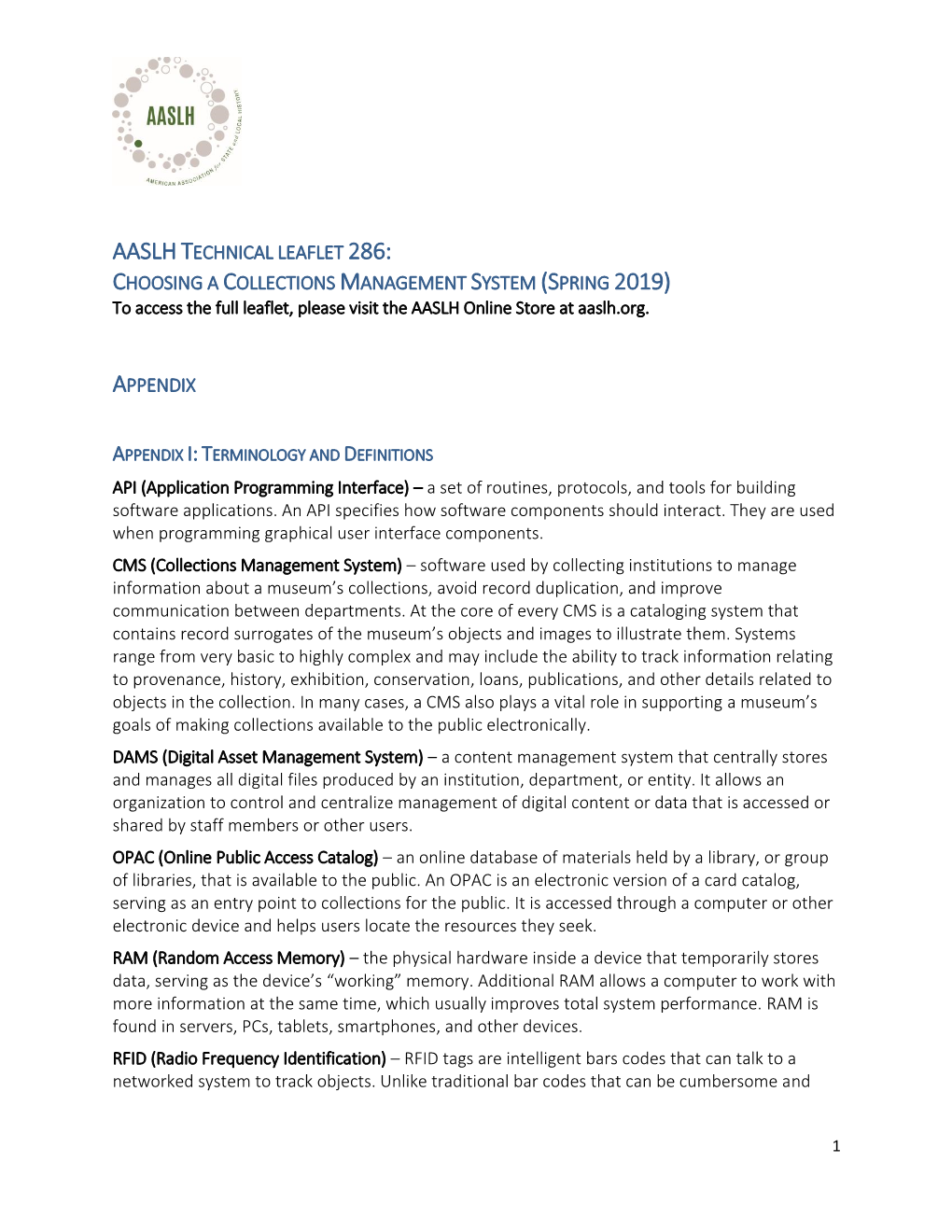 Aaslhtechnical Leaflet 286: Choosing a Collections Management System (Spring 2019) Appendix