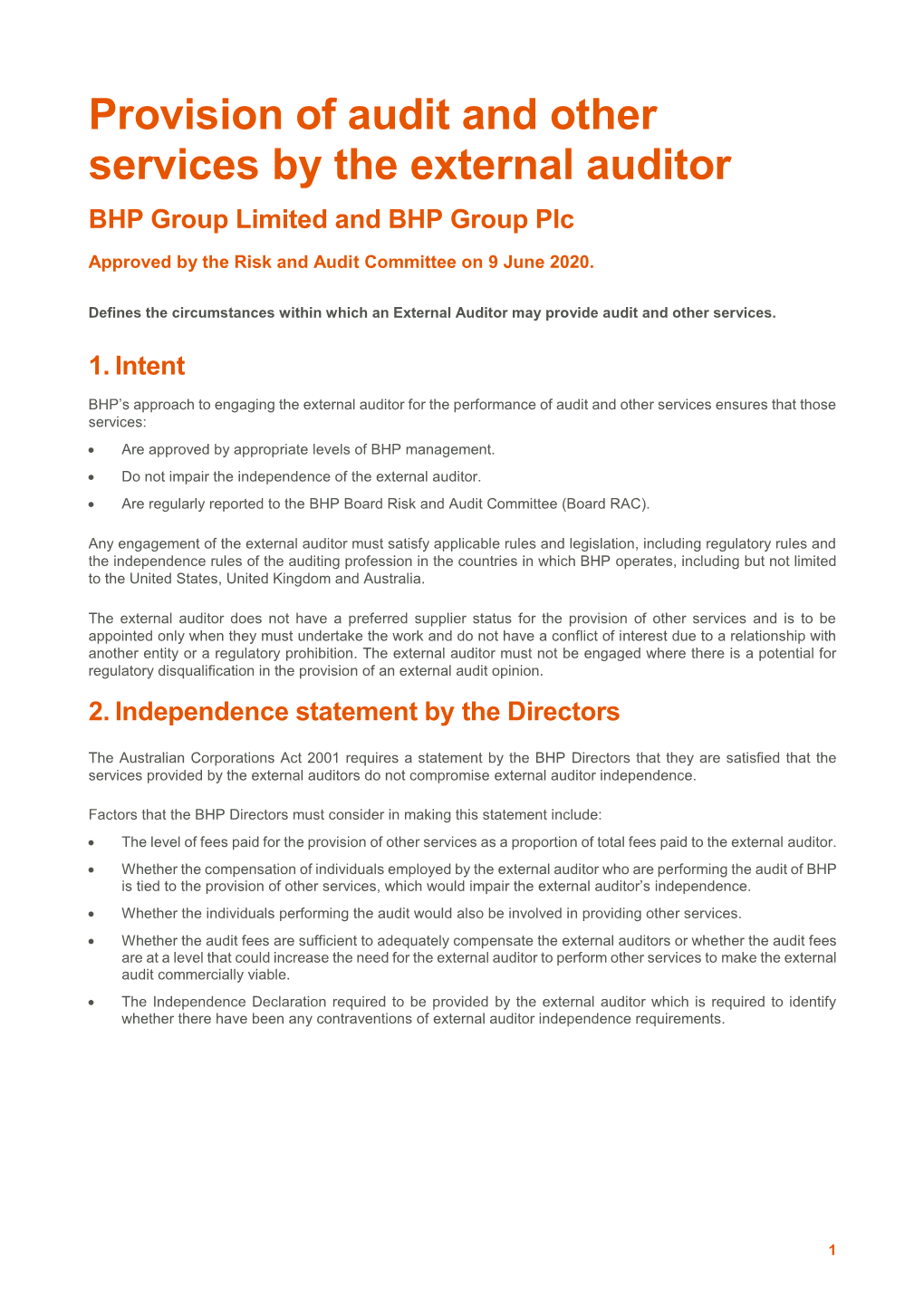 Provision of Audit and Other Services by the External Auditor BHP Group Limited and BHP Group Plc