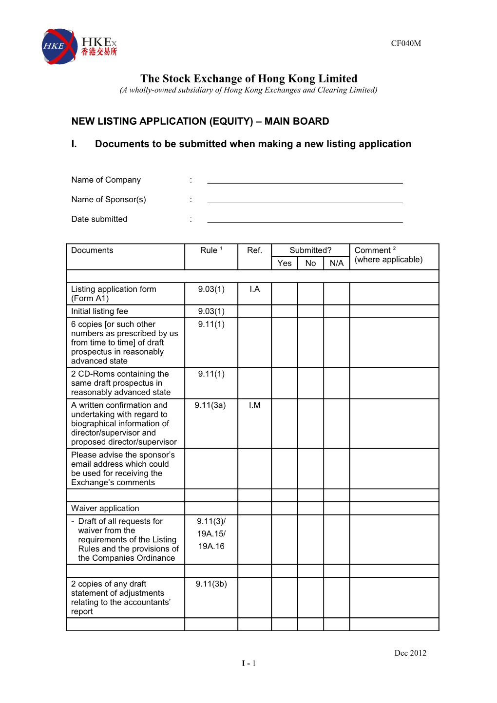 New Listing Application (Equity) Main Board