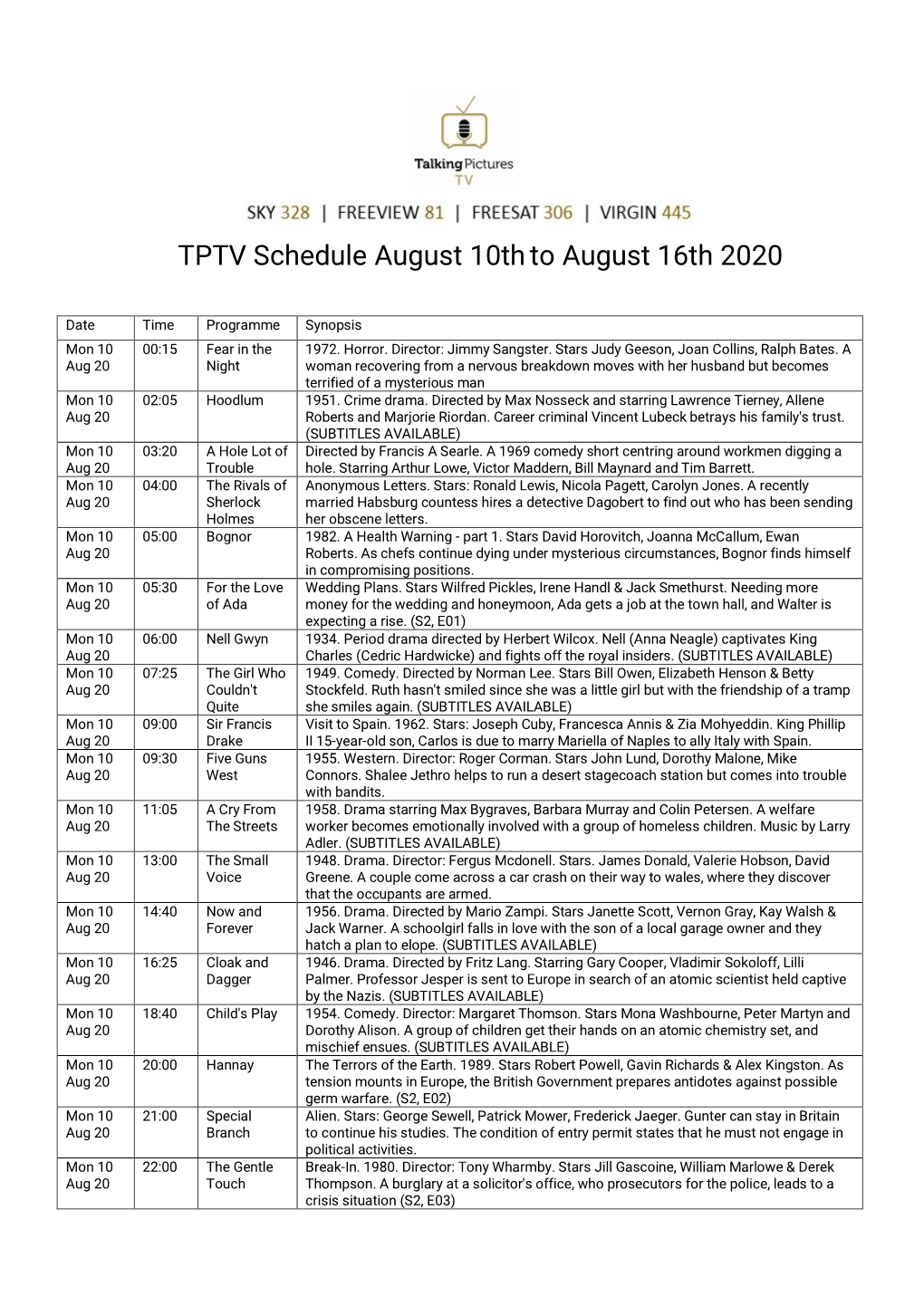 TPTV Schedule August 10Thto August 16Th 2020