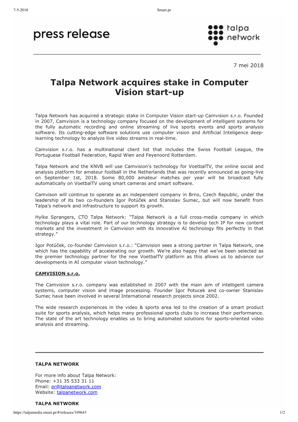 Talpa Network Acquires Stake in Computer Vision Startup