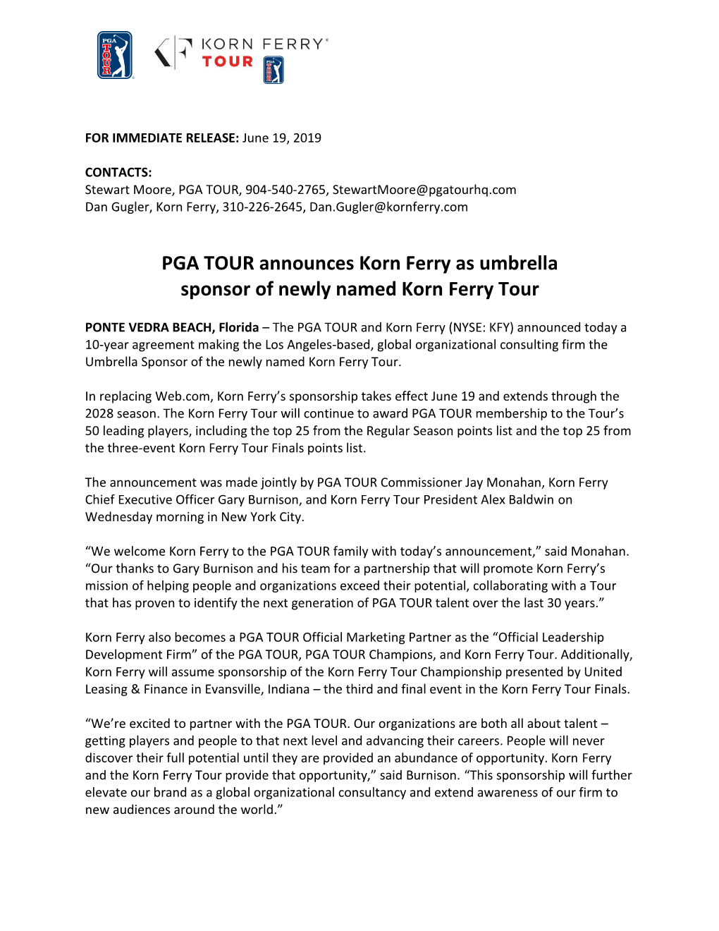 PGA TOUR Announces Korn Ferry As Umbrella Sponsor of Newly Named Korn Ferry Tour