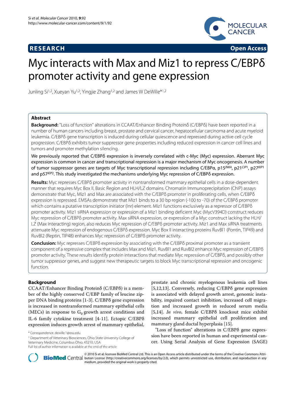 Myc Interacts with Max and Miz1 to Repress C/Ebpδ Promoter Activity and Gene Expression