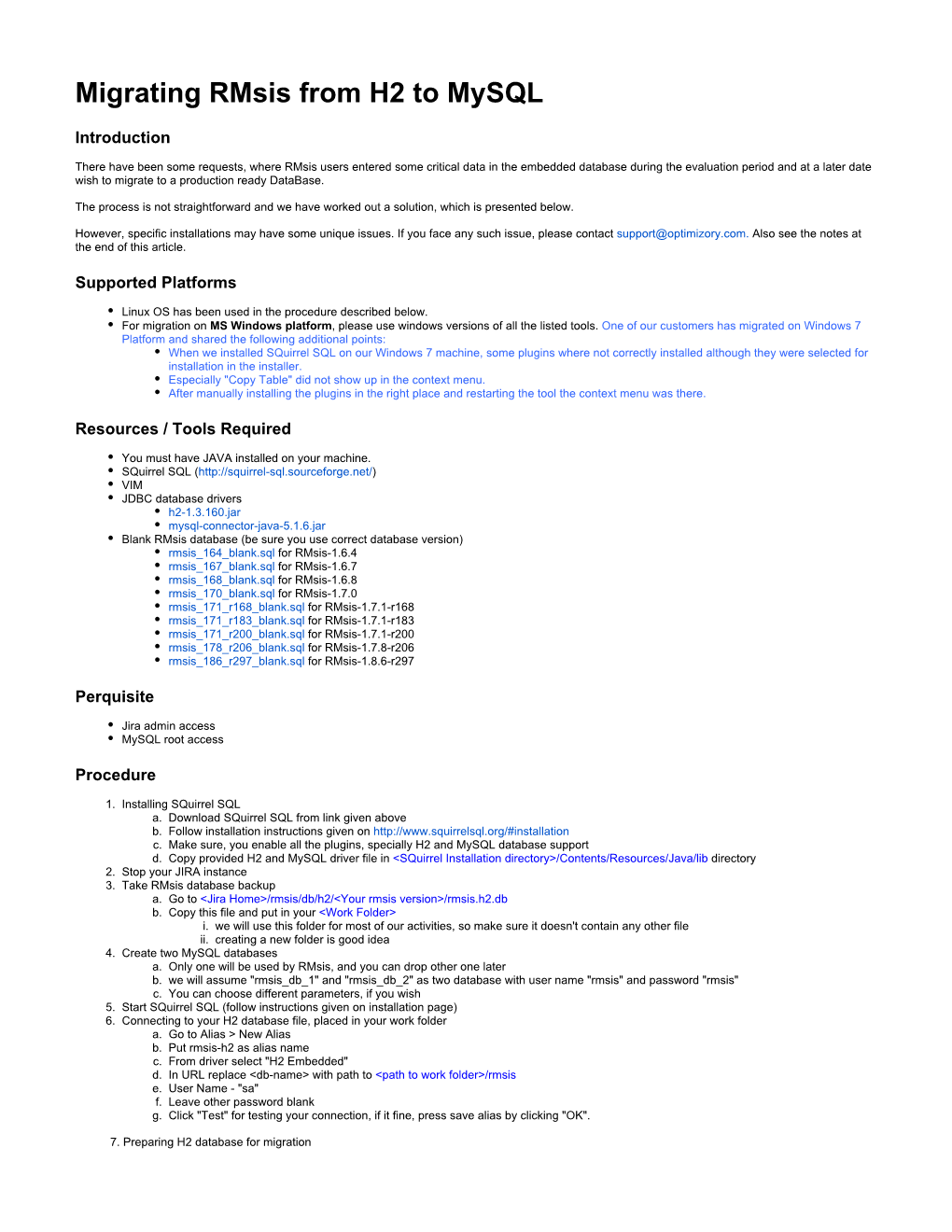 Migrating Rmsis from H2 to Mysql