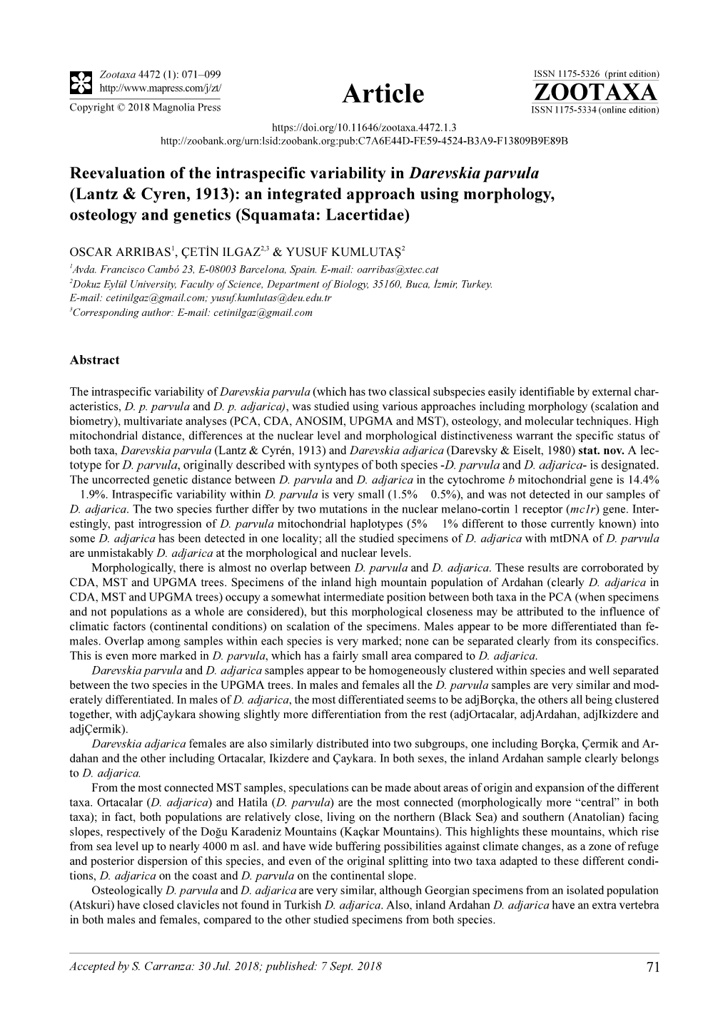 Reevaluation of the Intraspecific Variability in Darevskia Parvula