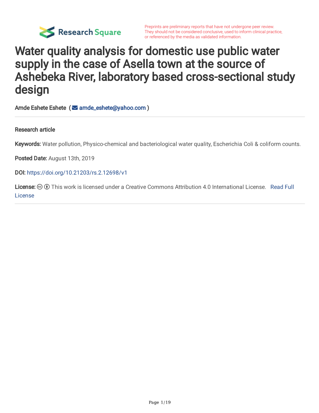 Water Quality Analysis for Domestic Use Public Water Supply in the Case of Asella Town at the Source of Ashebeka River, Laboratory Based Cross-Sectional Study Design