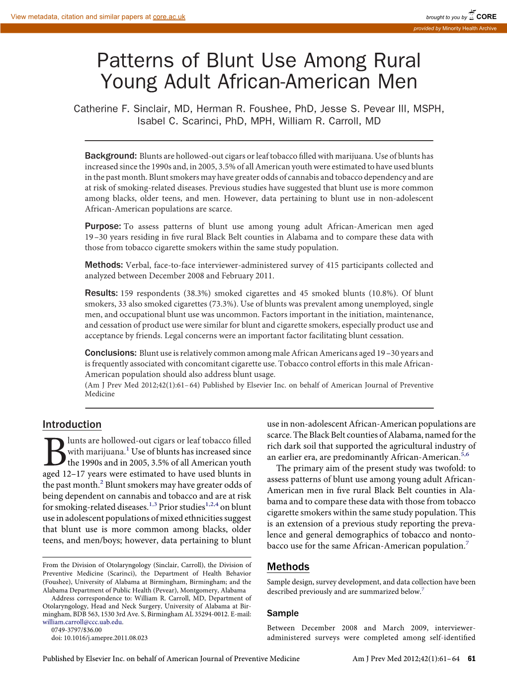 Patterns of Blunt Use Among Rural Young Adult African-American Men