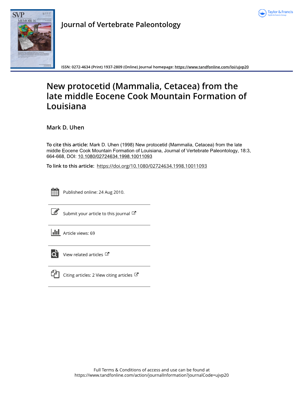 New Protocetid (Mammalia, Cetacea) from the Late Middle Eocene Cook Mountain Formation of Louisiana