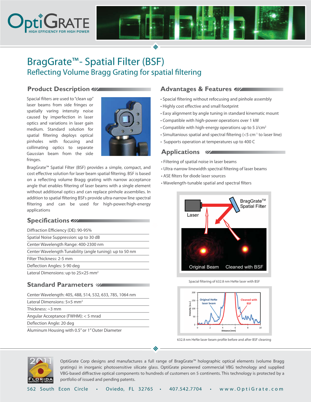 (BSF) Reflecting Volume Bragg Grating for Spatial Filtering