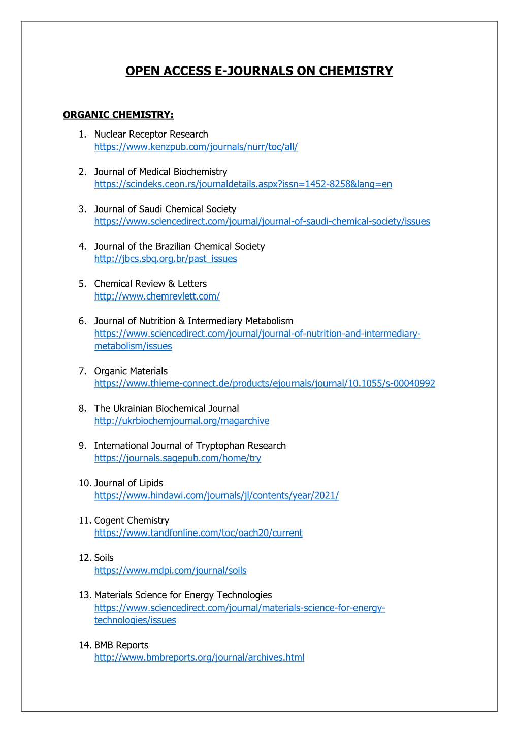 Open Access E-Journals on Chemistry