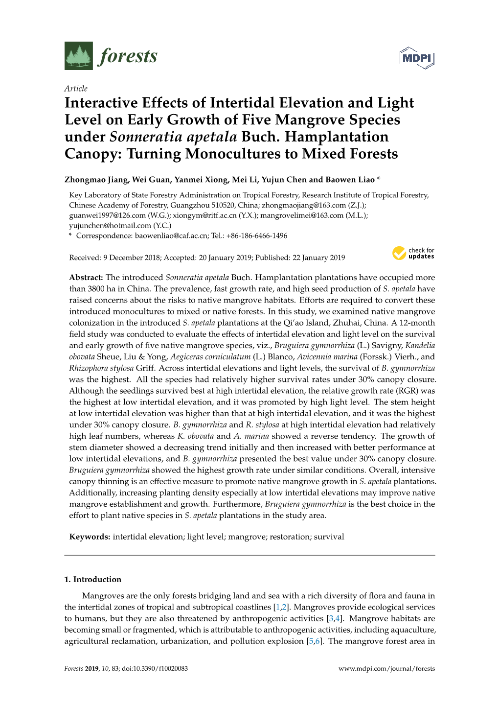 Interactive Effects of Intertidal Elevation and Light Level on Early Growth of Five Mangrove Species Under Sonneratia Apetala Buch