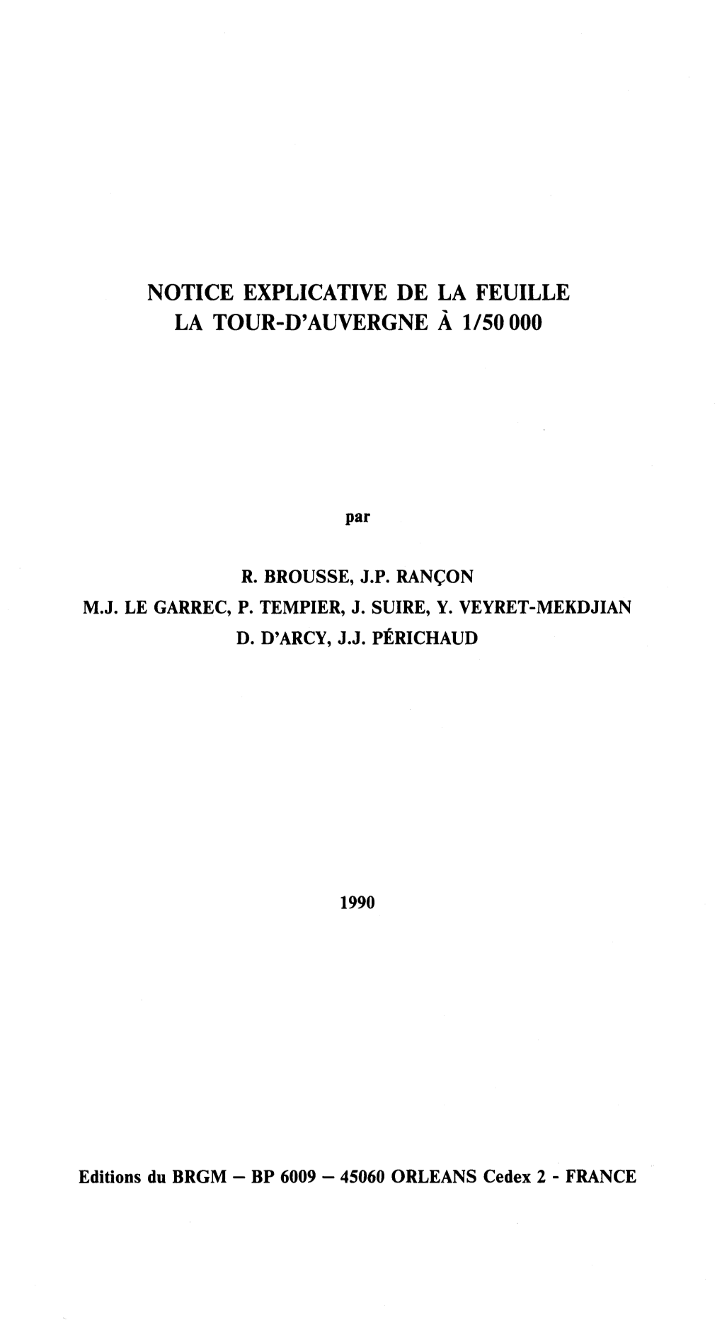 Notice Explicative De La Feuille La Tour-D'auvergne À 1/50 000
