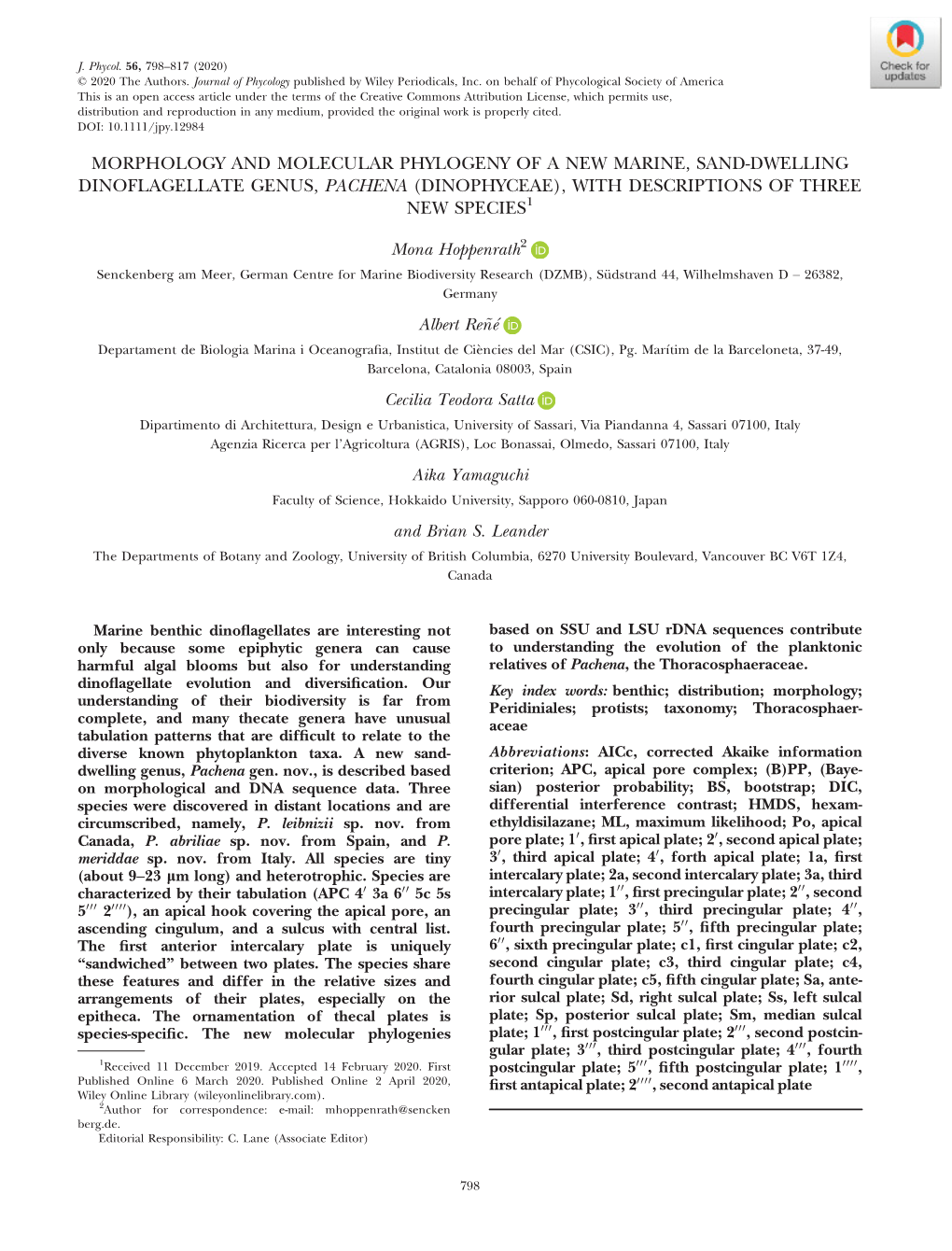 Dwelling Dinoflagellate Genus, Pachena (Dinophyceae), with Descriptions of Three New Species 1