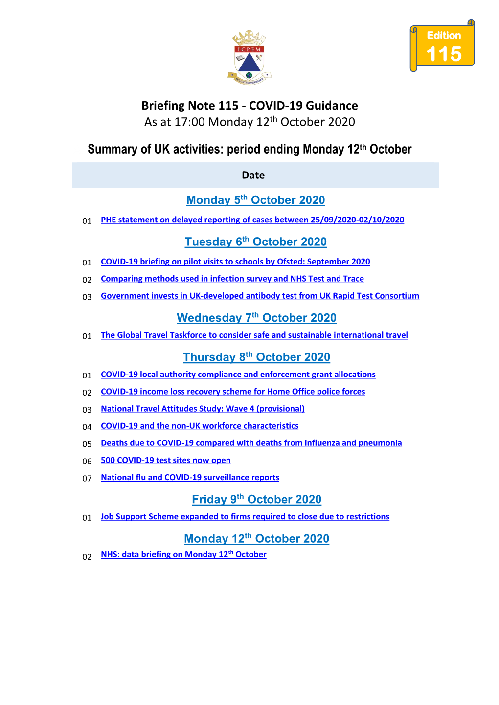 COVID-19 Guidance As at 17:00 Monday 12Th October 2020 A