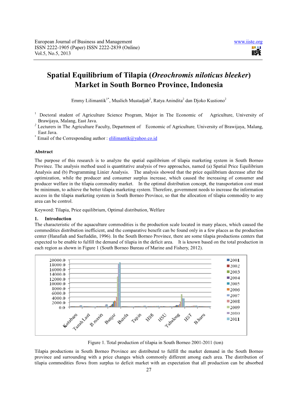 Spatial Equilibrium of Tilapia ( Oreochromis Niloticus Bleeker ) Market in South Borneo Province, Indonesia