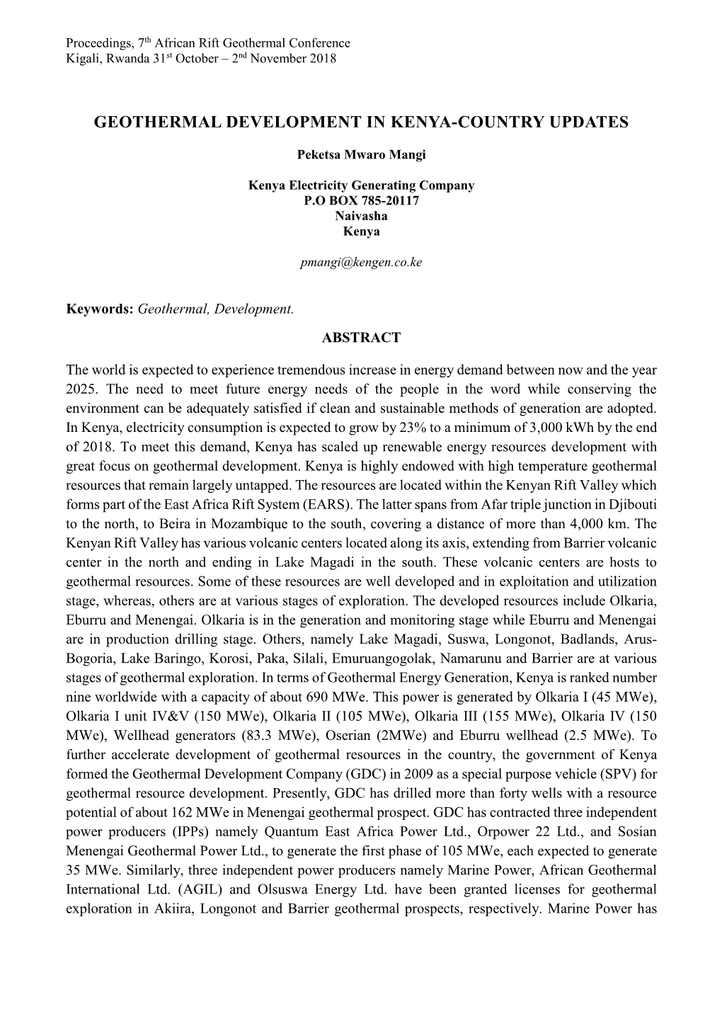 Geothermal Development in Kenya-Country Updates