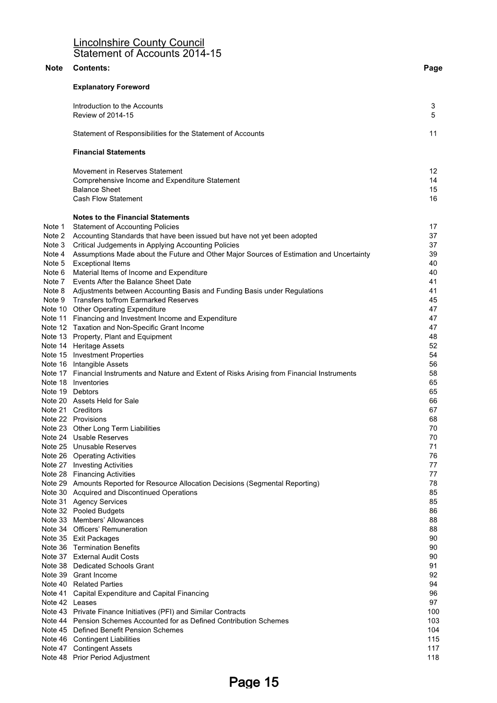 Lincolnshire County Council Statement of Accounts 2014-15 Note Contents: Page