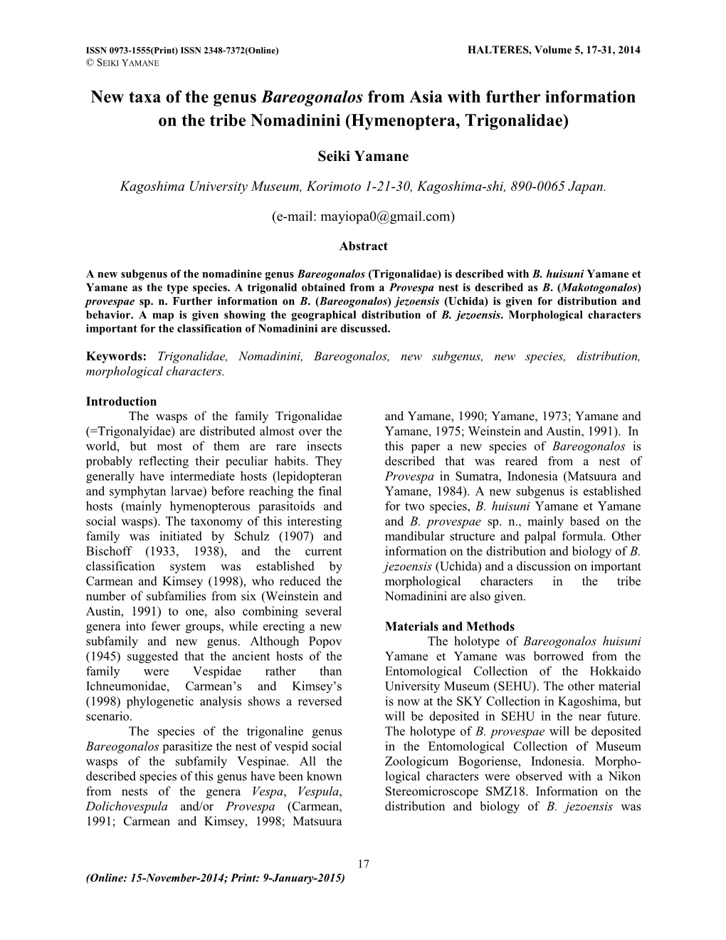 New Taxa of the Genus Bareogonalos from Asia with Further Information on the Tribe Nomadinini (Hymenoptera, Trigonalidae)