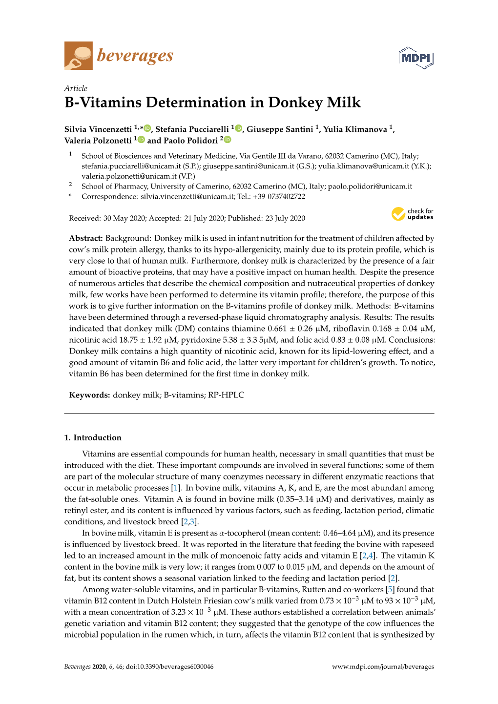 B-Vitamins Determination in Donkey Milk