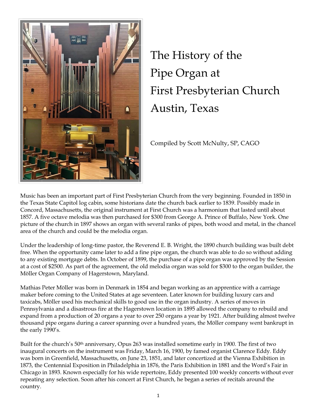 The History of the Pipe Organ at First Presbyterian Church Austin, Texas