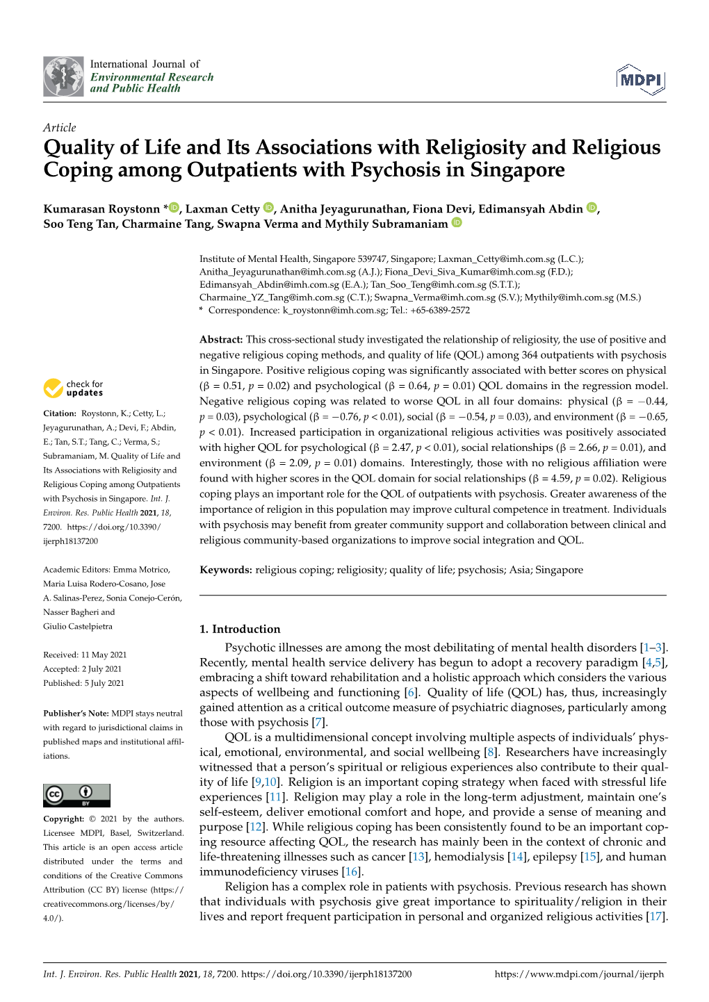 Quality of Life and Its Associations with Religiosity and Religious Coping Among Outpatients with Psychosis in Singapore