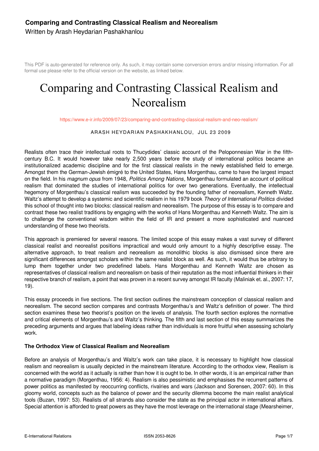 Comparing and Contrasting Classical Realism and Neorealism Written by Arash Heydarian Pashakhanlou