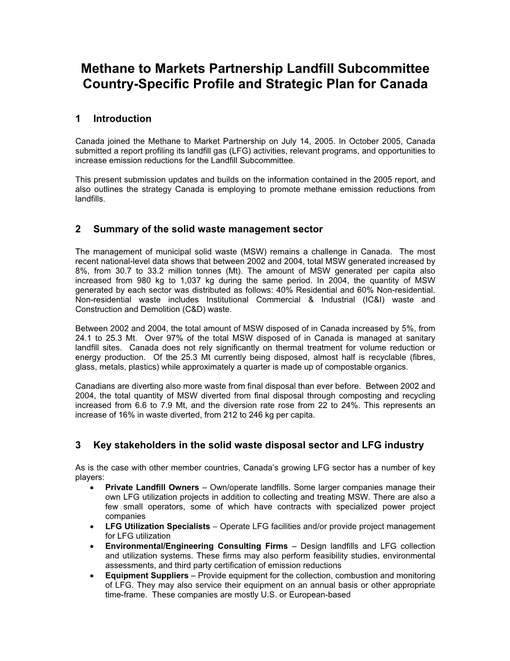 Methane to Markets Partnership Landfill Subcommittee Country-Specific Profile and Strategic Plan for Canada