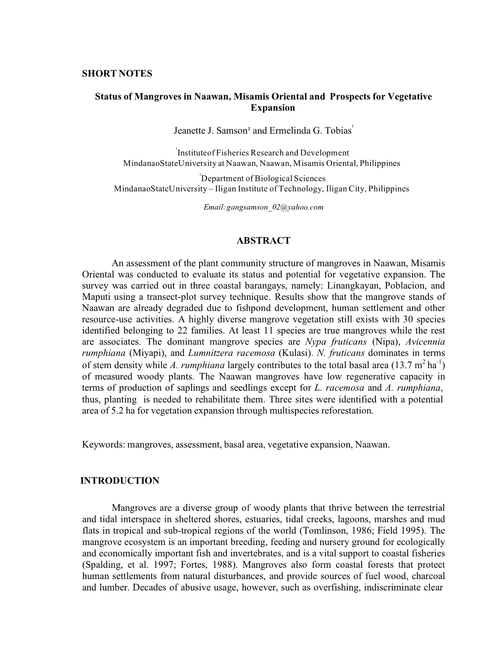 SHORT NOTES Status of Mangroves in Naawan, Misamis Oriental And