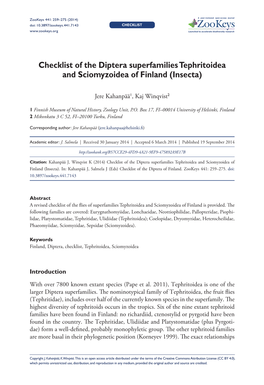 Checklist of the Diptera Superfamilies Tephritoidea and Sciomyzoidea of Finland (Insecta)