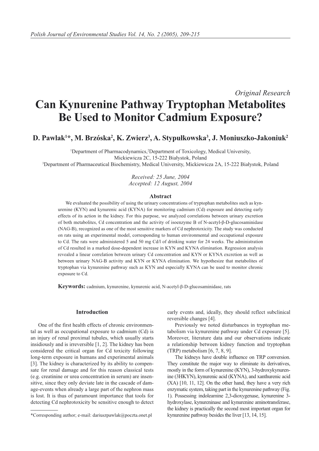 Can Kynurenine Pathway Tryptophan Metabolites Be Used to Monitor Cadmium Exposure?